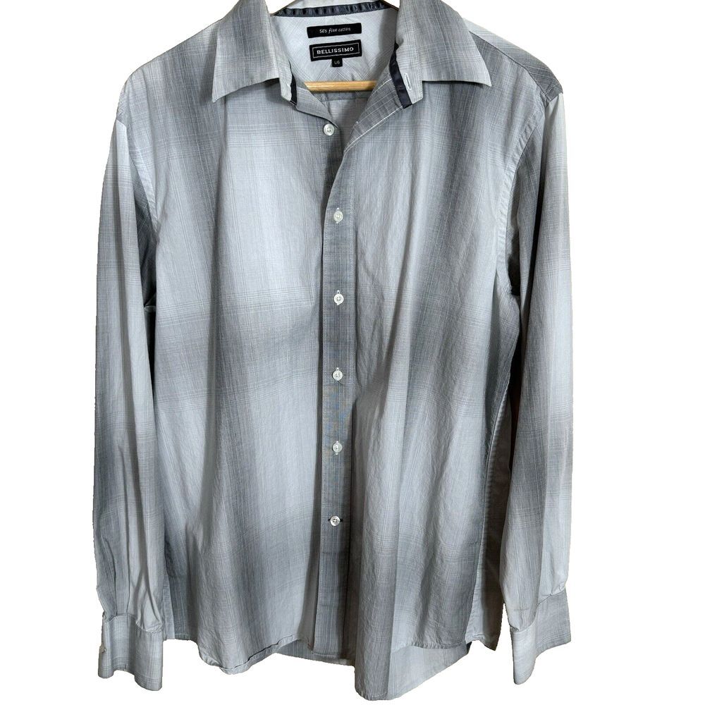 Bellissimo Dress Shirt Men's Large Gray Plaid Casual 50's Fine Cotton‎ Sleeve